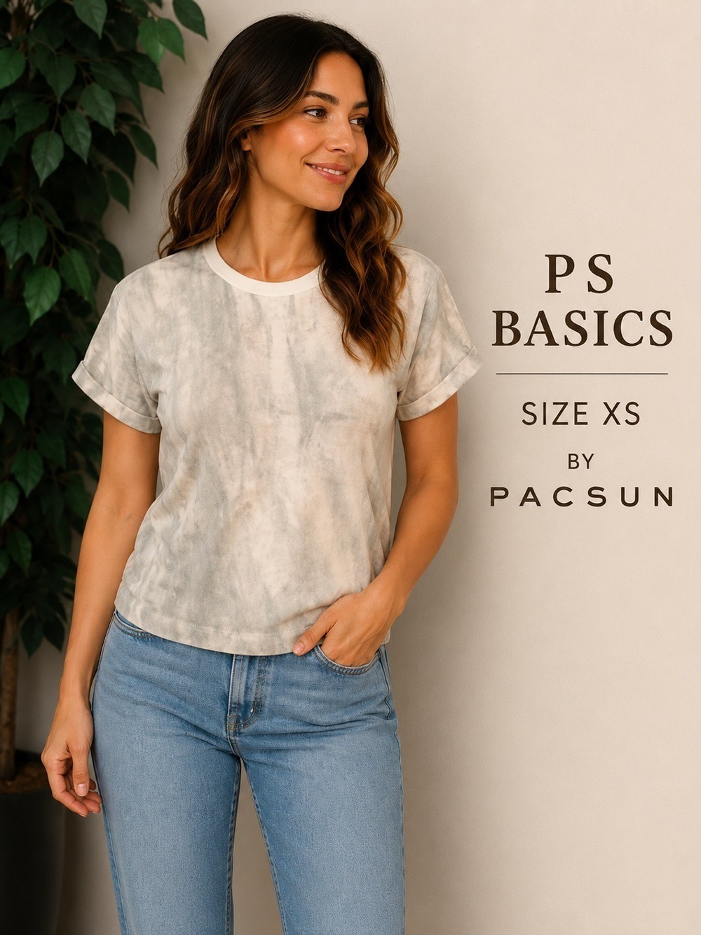 PACSUN XS Womans gray and white roll sleeve short sleeve top